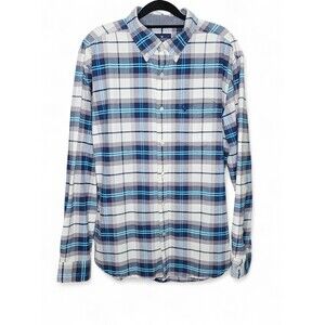 American Eagle Button Down Shirt Mens XL Plaid Blue Gray Cotton Casual